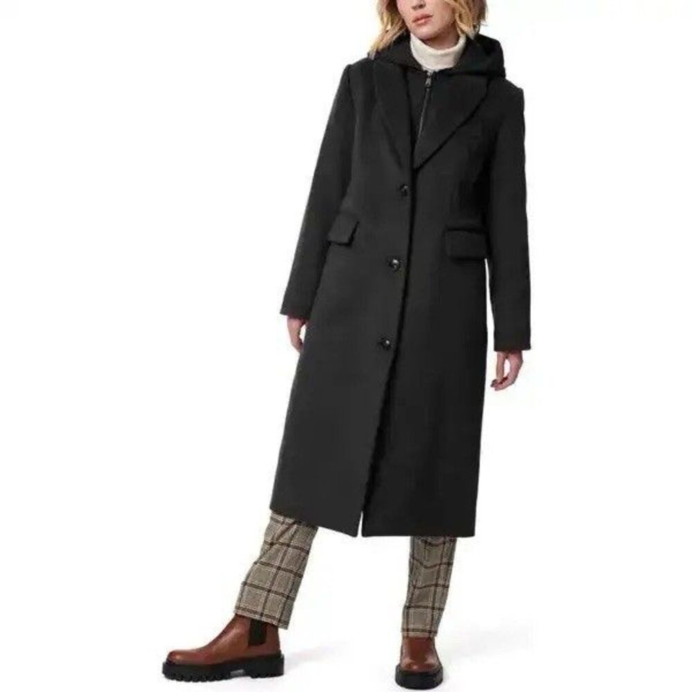 BERNARDO Long Coat With Hooded Quilted Bib - Black Size Extra Small